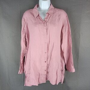 Eileen Fisher Organic Linen Button Front Tunic Top Pink Long Sleeve Women's L